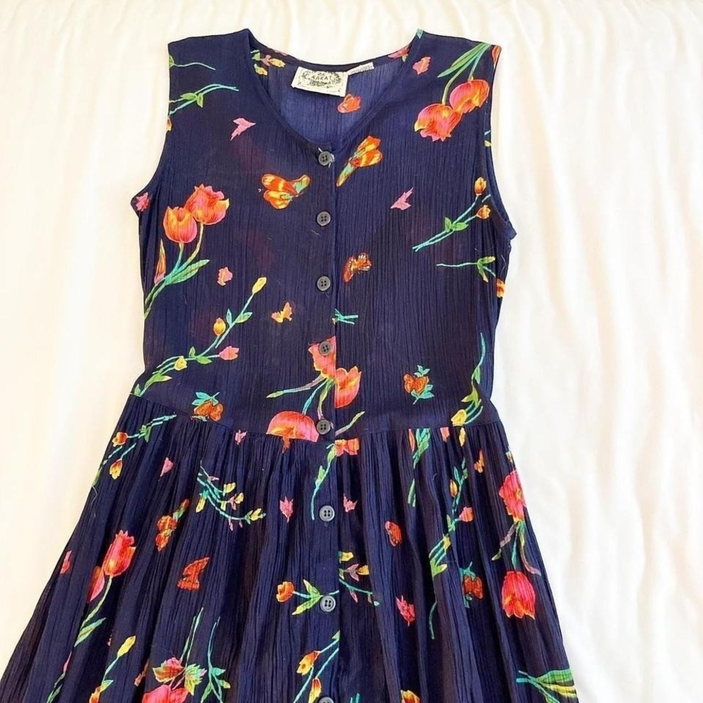 Navy Blue Maxi Floral Button Down Dress 24 Karat VTG y2k One Size - Picture 5 of 7
